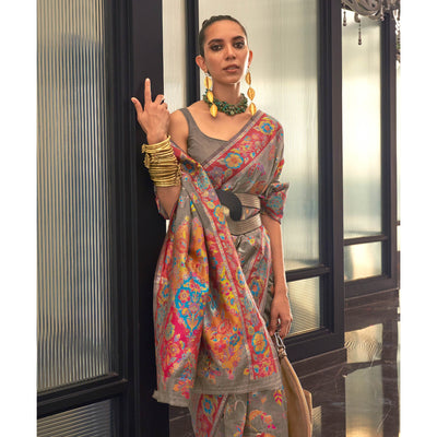 Brown Floral Woven Modal Saree