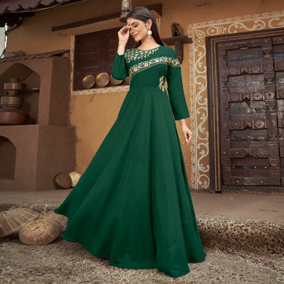 Bottle Green Floral Embroidered Muslin Gown