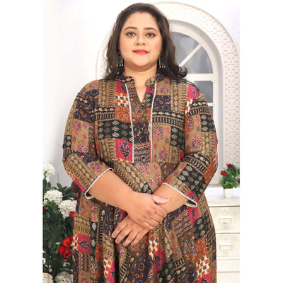 Brown Floral Printed Rayon Long Kurti