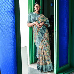 Multicolor Digital Printed Raw Silk Saree With Tassels