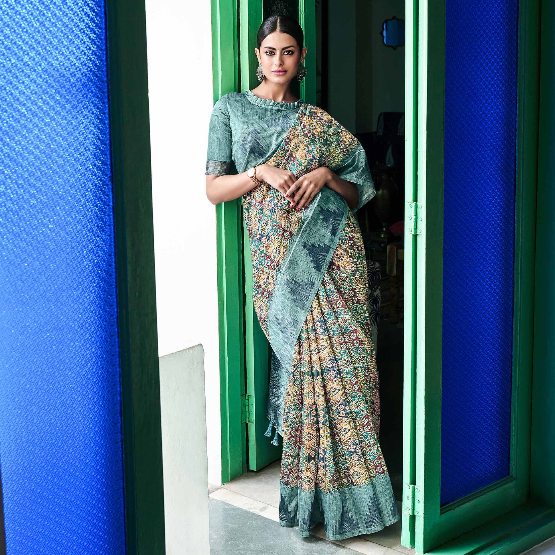 Multicolor Digital Printed Raw Silk Saree With Tassels