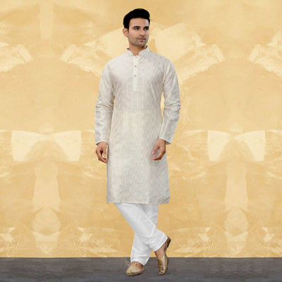 Cream Sequins Embroidered Art Silk Kurta Pyjama Set