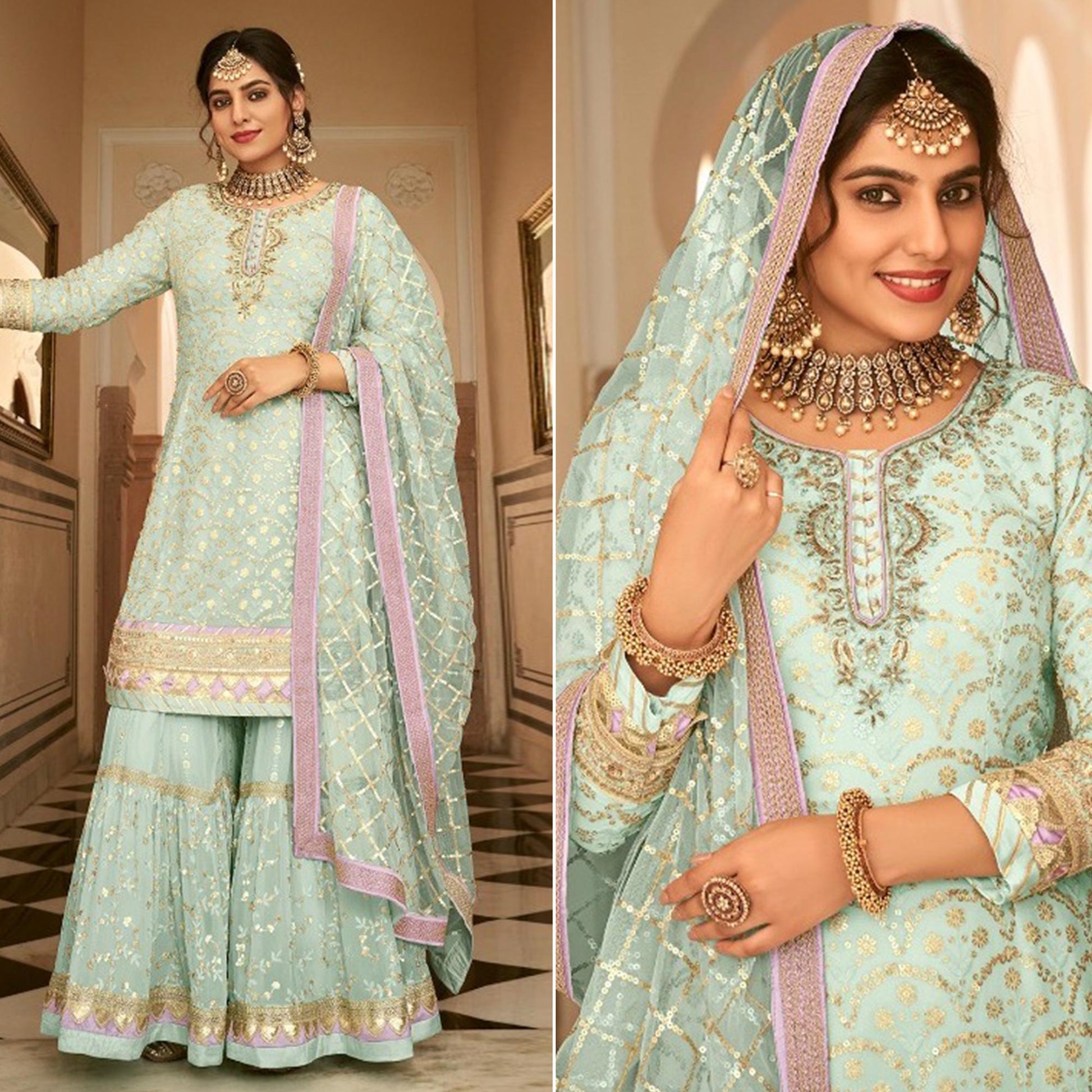 green-woven-georgette-sharara-suit