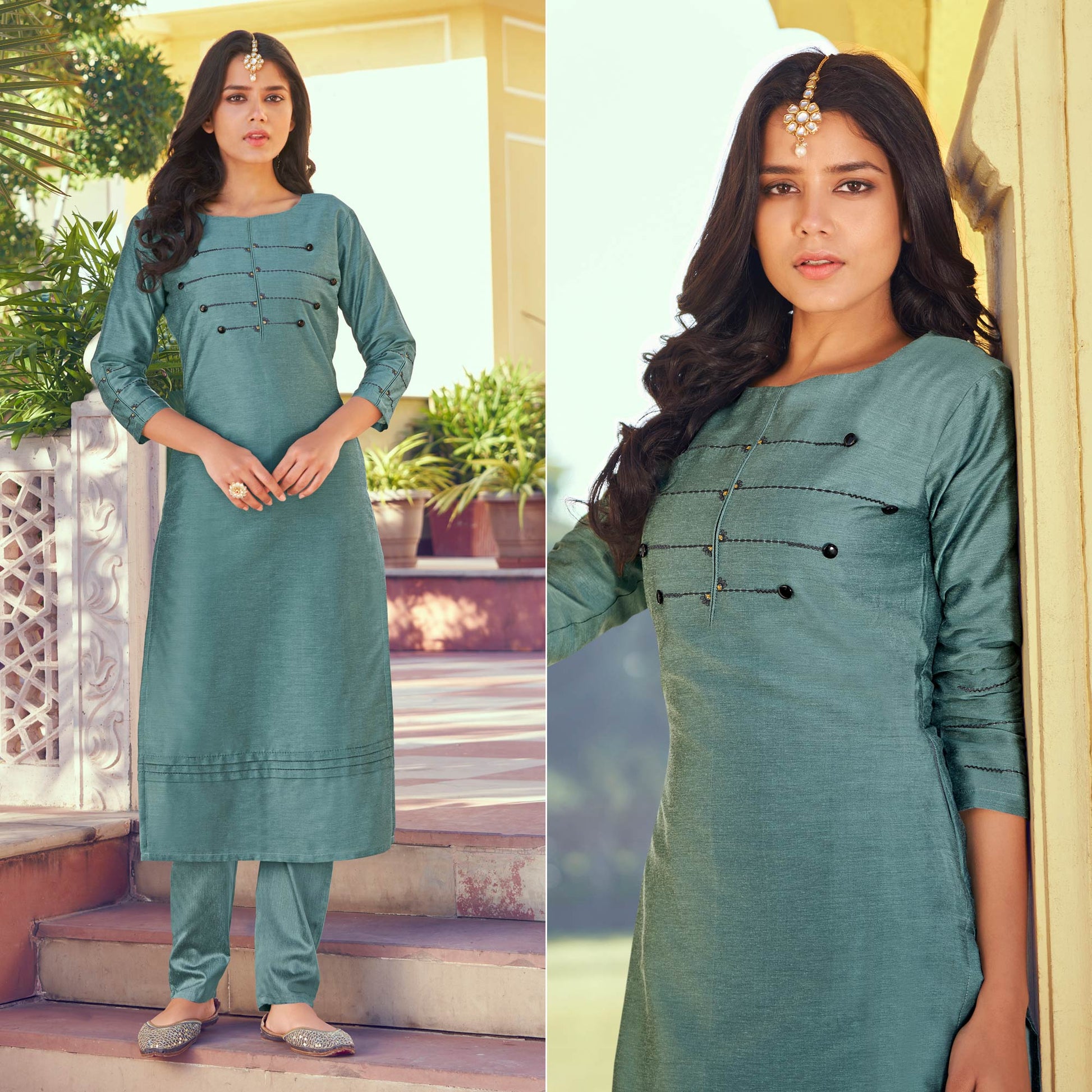 green-embroidered-art-silk-kurti-pant-set