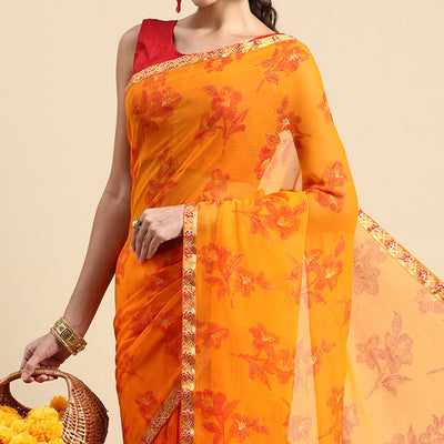 Light Orange Floral Foil Printed Zomato Saree