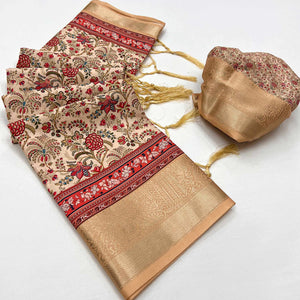 Chikoo Floral Digital Printed Pure Cotton Saree