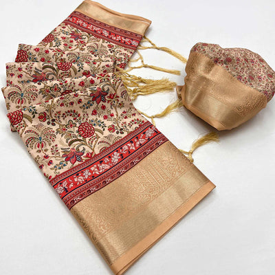 Chikoo Floral Digital Printed Pure Cotton Saree