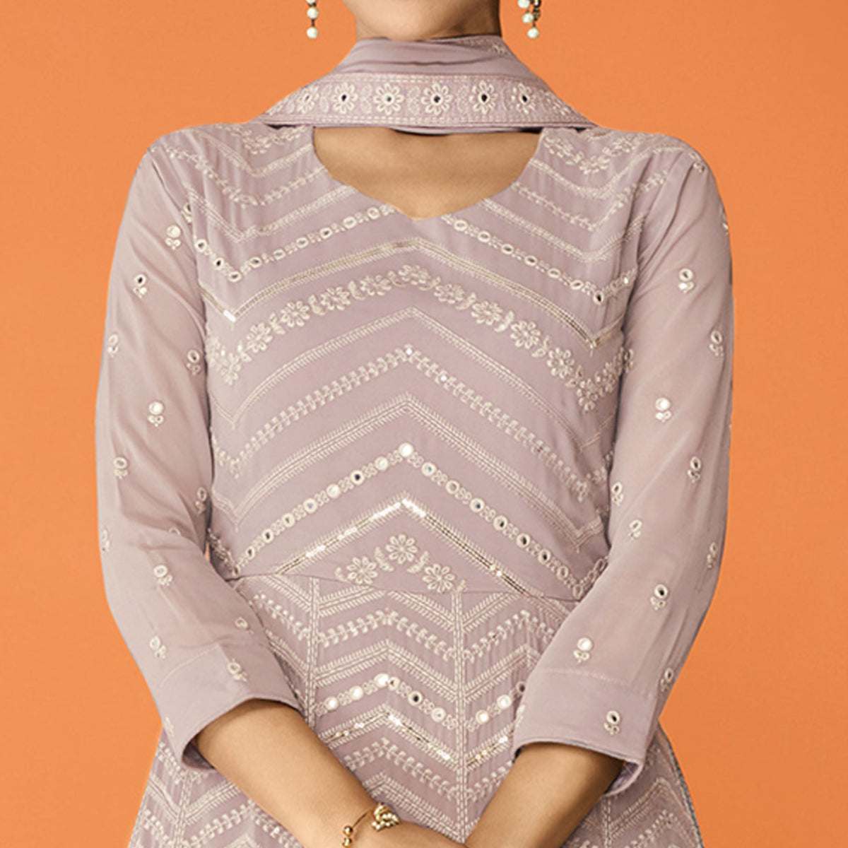 Dusty Rose Pink Sequins Embroidered Georgette Semi Stitched Anarkali Suit