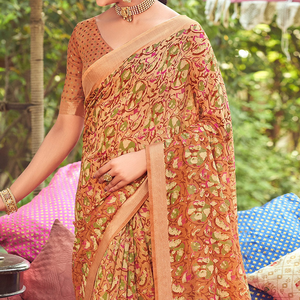 Brown Floral Printed With Woven Border Linen Saree