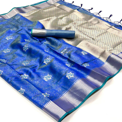 Light Blue Woven Organza Saree With Tassels