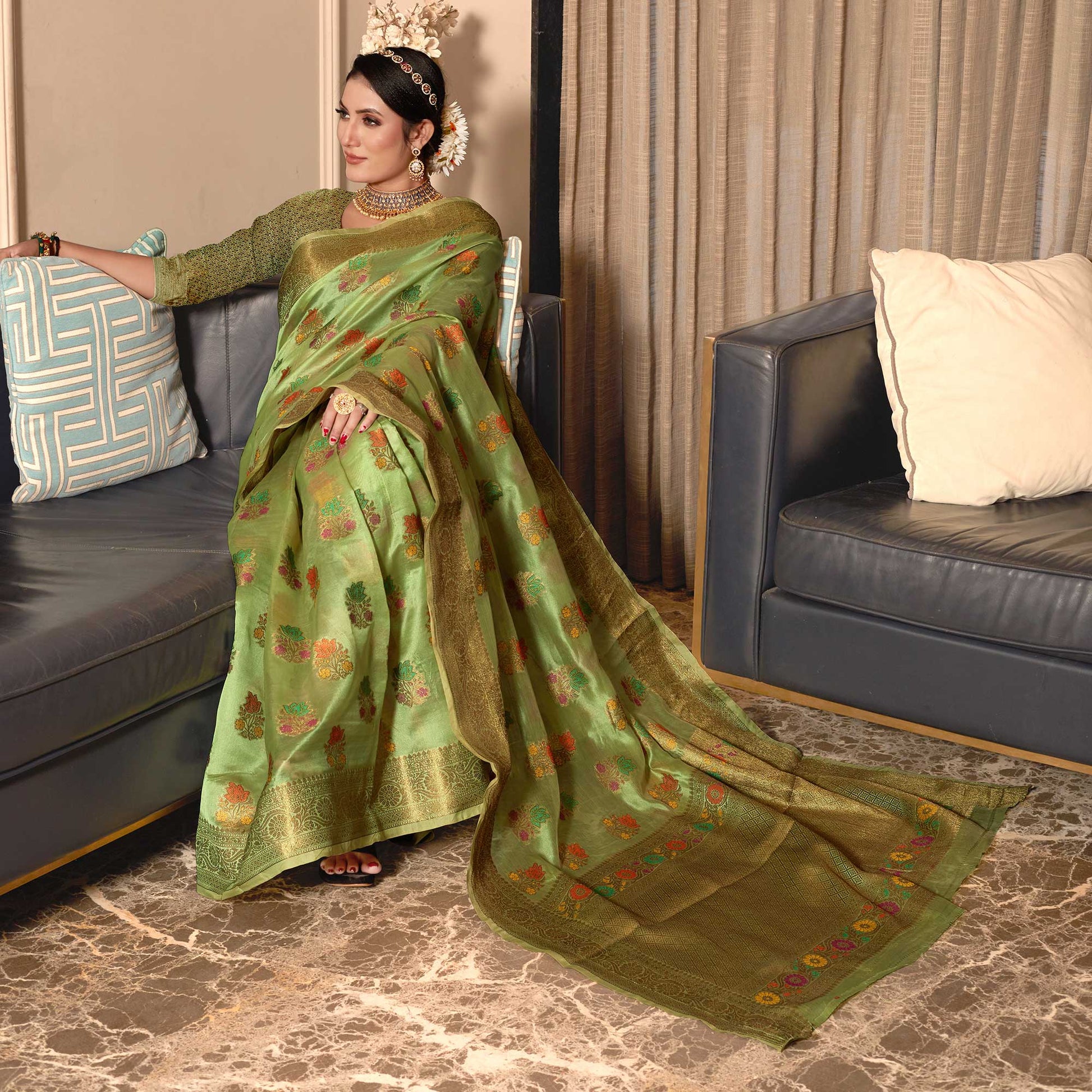 b-green-floral-woven-organza-saree