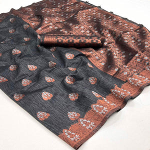 Grey Woven Linen Saree With Tassels