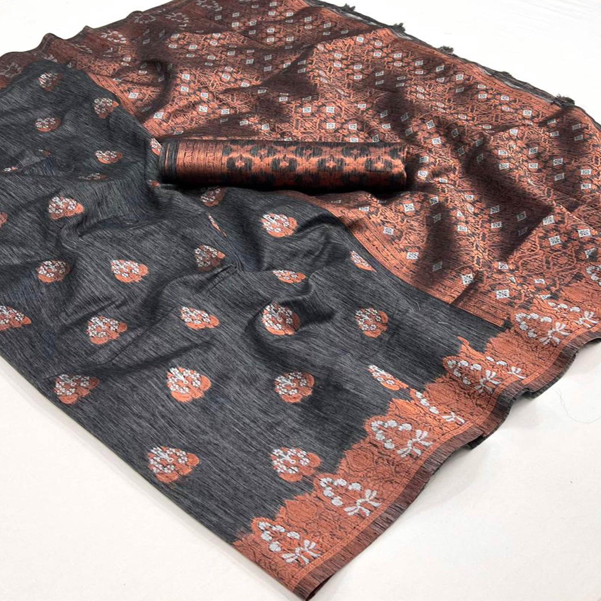 Grey Woven Linen Saree With Tassels