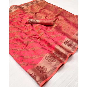 Gajari Pink Floral Woven Organza Saree