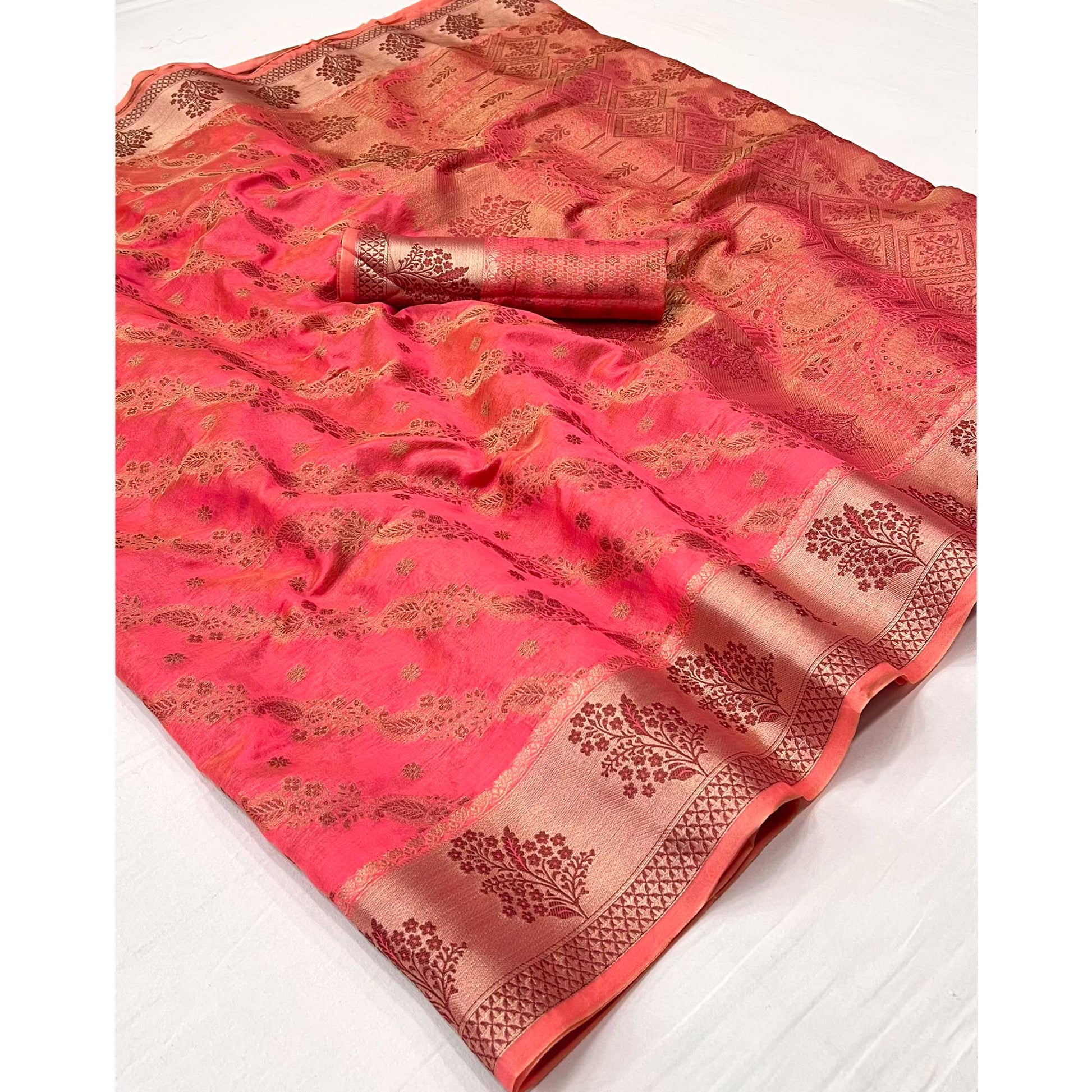 Gajari Pink Floral Woven Organza Saree
