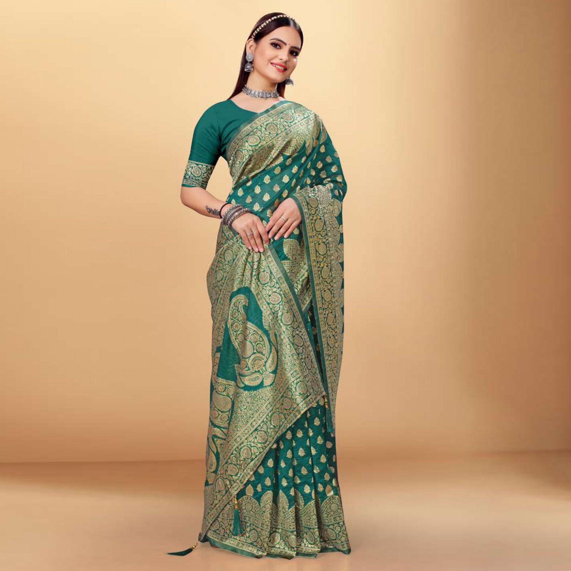 green-woven-art-silk-saree-with-tassels-11