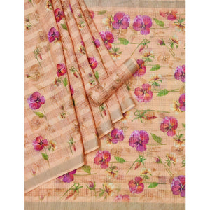 Light Peach Floral Digital Printed Cotton Silk Saree