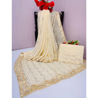 Cream Sequins Embroidered Georgette Saree