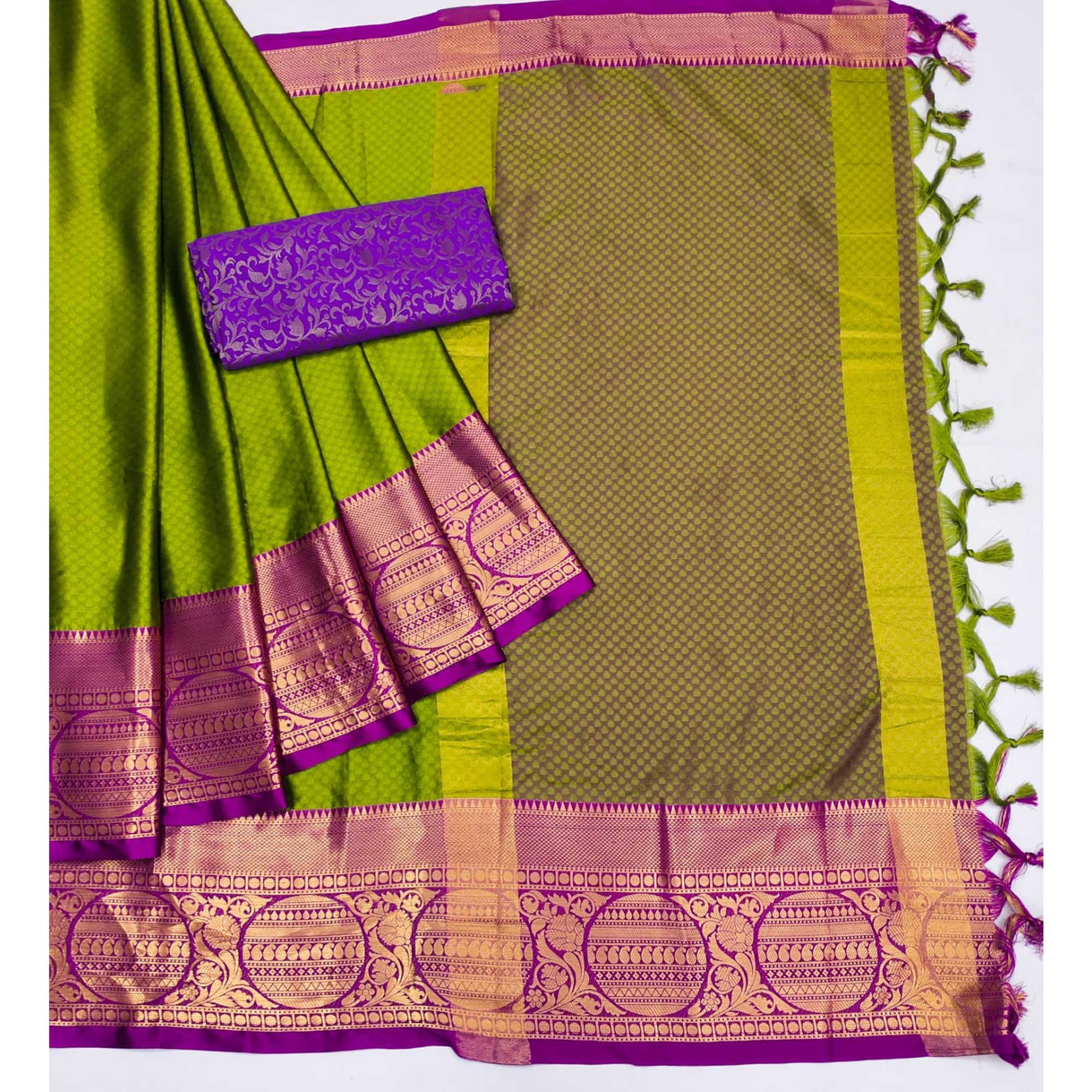 Mehendi Green Woven Cotton Silk Saree With Tassels