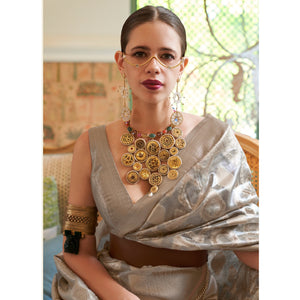 Grey Woven Art Silk Saree With Tassels