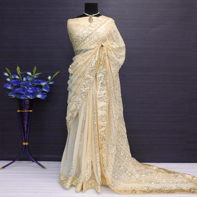 Cream Sequins Embroidered Georgette Saree