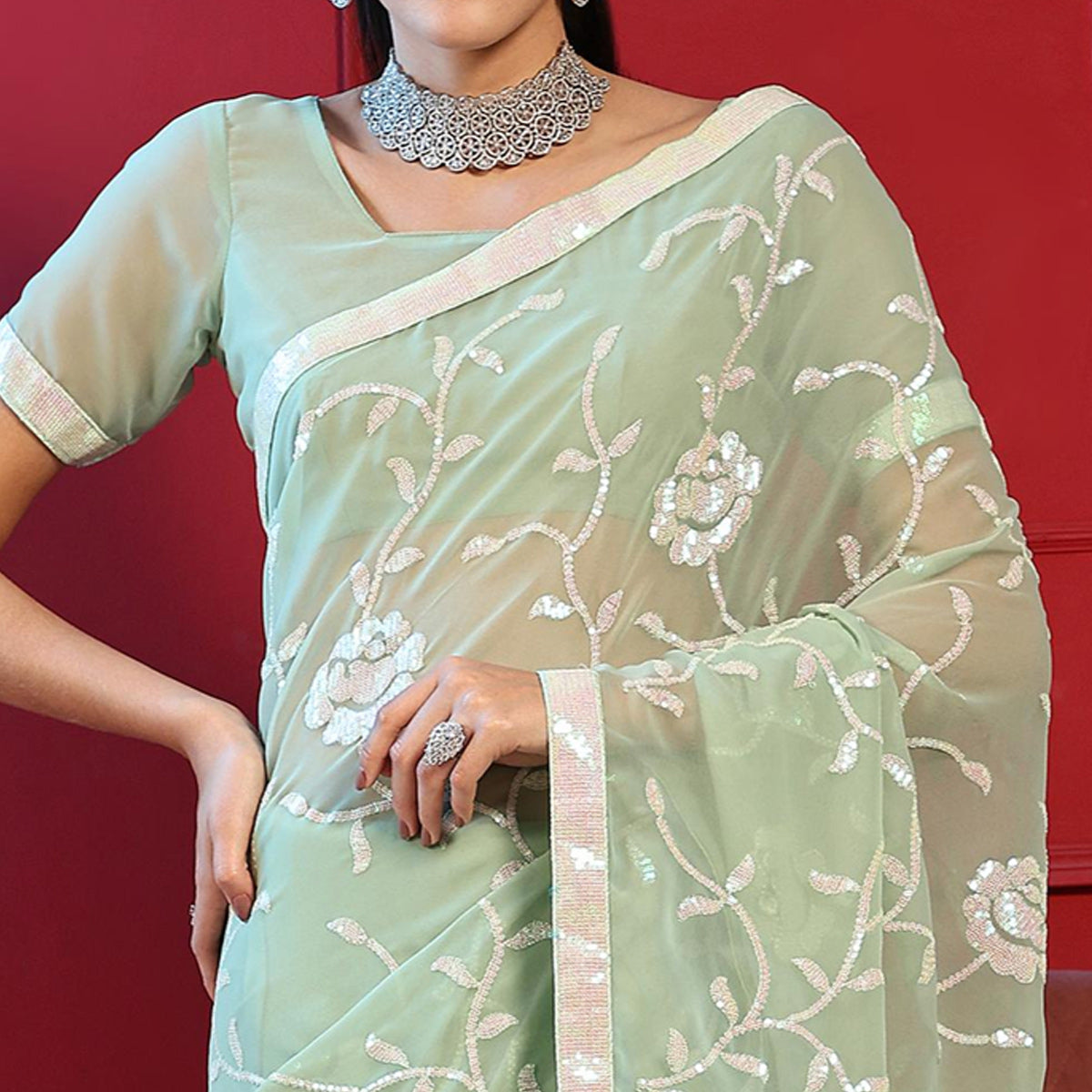 green-sequins-embroidered-georgette-saree-1