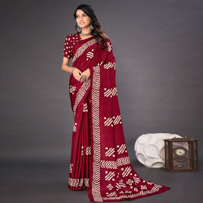 Maroon Printed Dola Silk Saree