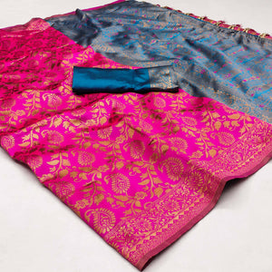 Magenta Pink Floral Woven Jacquard Saree