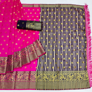 Magenta Pink Woven Jacquard Saree With Tassels