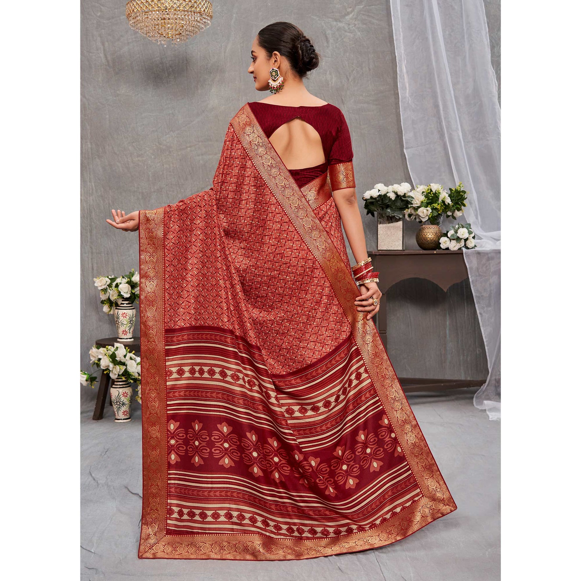 Maroon Printed Tussar Silk Saree
