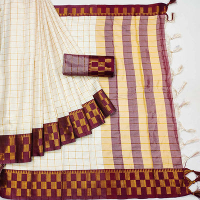 Cream & Wine Woven Cotton Silk Saree