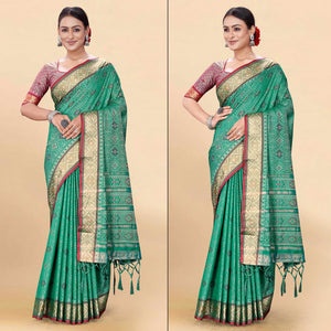 green-woven-patola-art-silk-saree-with-tassels-3