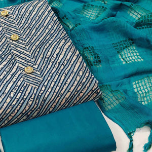 Blue Striped Printed Cotton Blend Dress Material