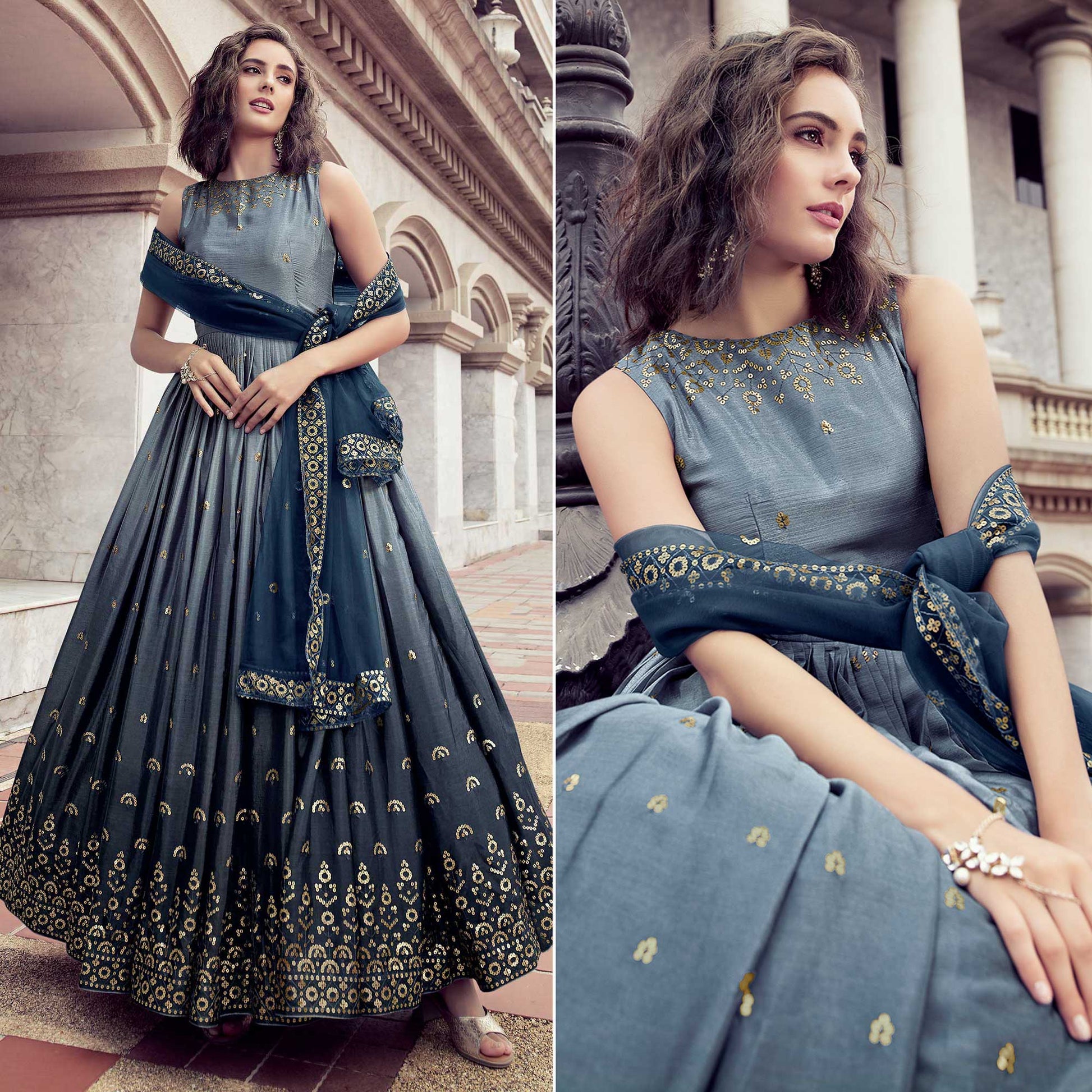 Grey Sequins Embroidered Chiffon Gown