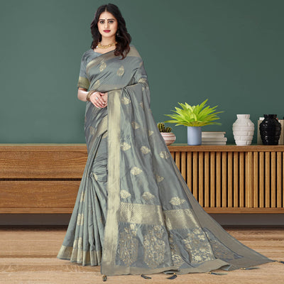 Grey Woven Art Silk Saree With Tassels