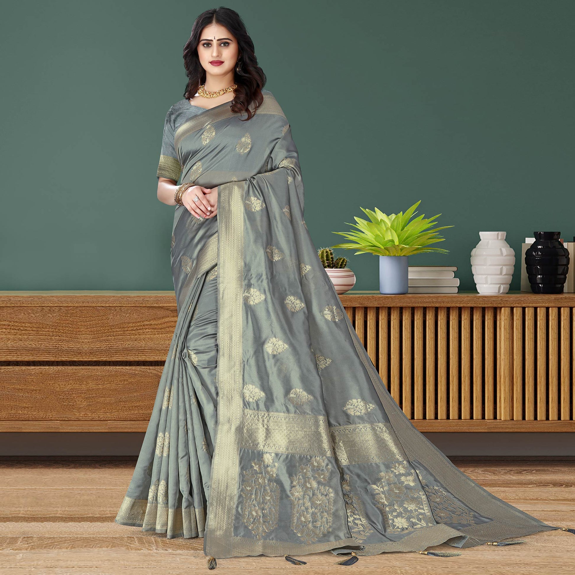 Grey Woven Art Silk Saree With Tassels