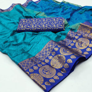Firozi Woven Cotton Silk Saree With Tassels