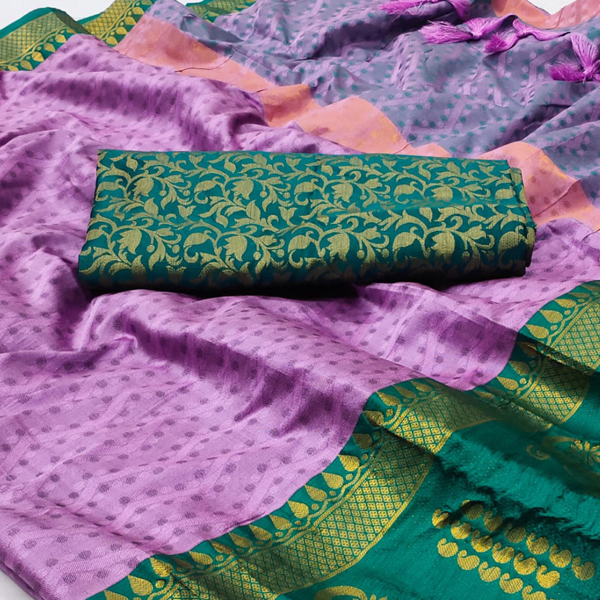 Light Purple Woven Cotton Silk Saree With Tassels