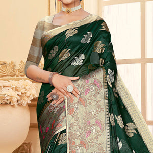 Bottle Green Floral Woven Organza Saree With Tassels