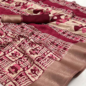 Maroon Printed With Woven Border Dola Silk Saree