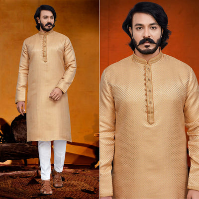 Cream Woven Jacquard Kurta Pyjama Set