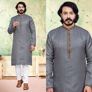 Grey Woven Jacquard Kurta Pyjama Set