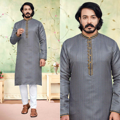 Grey Woven Jacquard Kurta Pyjama Set
