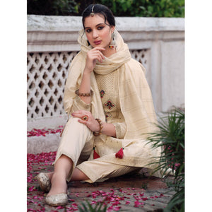 Cream Floral Woven Muslin Salwar Suit