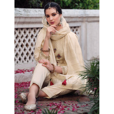 Cream Floral Woven Muslin Salwar Suit