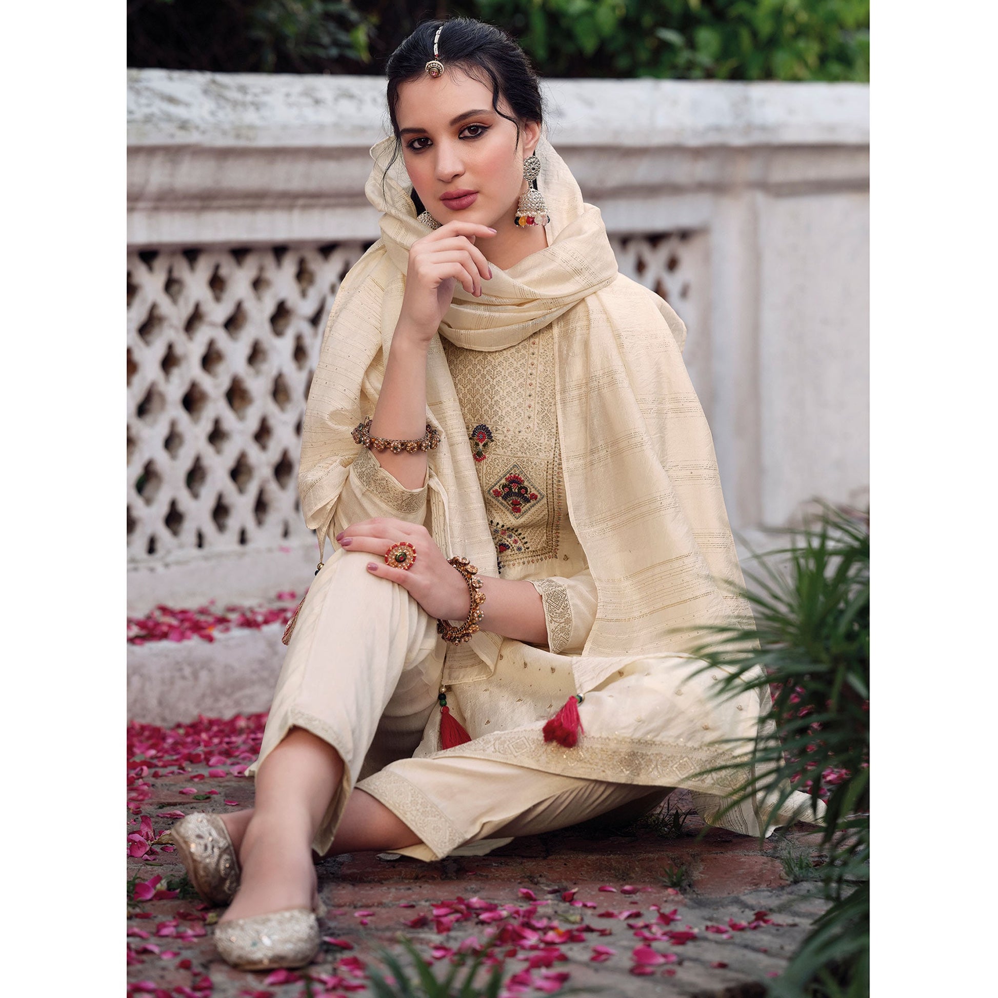 Cream Floral Woven Muslin Salwar Suit