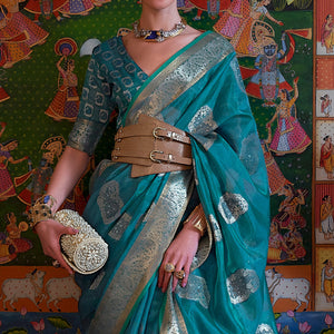 Blue Woven Organza Saree With Tassels