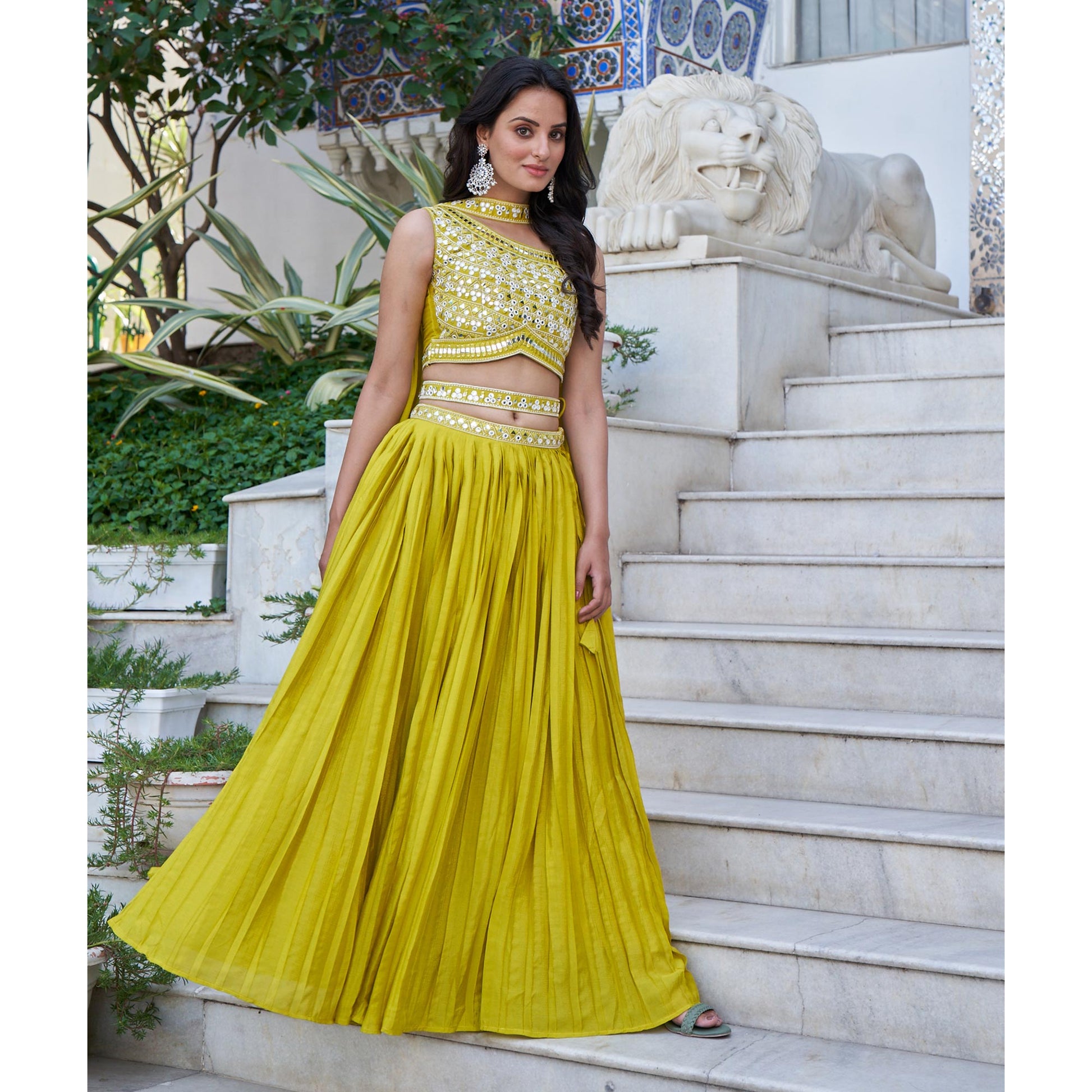 Lemon Green Embroidered Chiffon Plated Lehenga Choli
