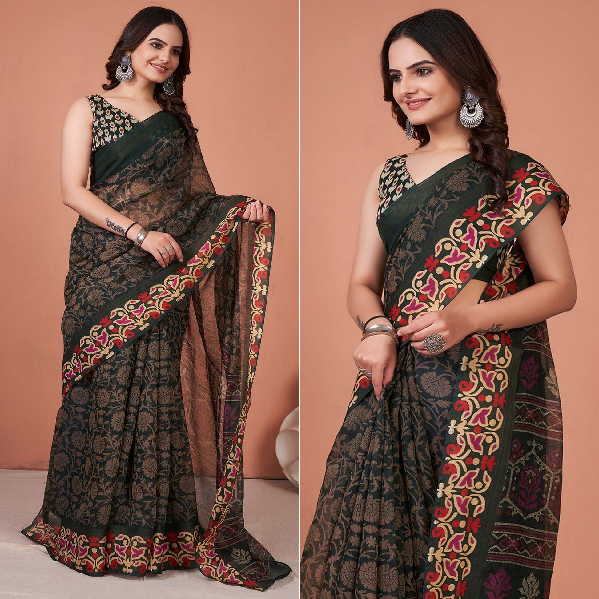 green-floral-printed-cotton-saree-with-tassels