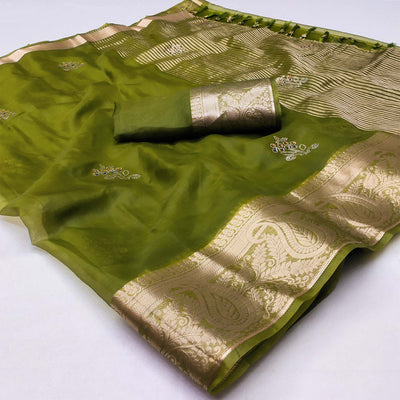 green-floral-foil-with-woven-border-organza-saree